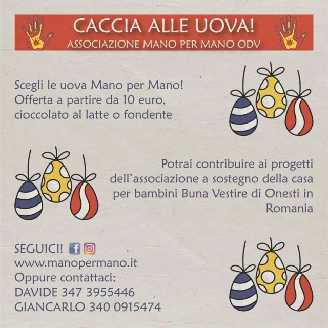 Cari amici MPM, abbiamo gustose notizie!😋 Anche quest'anno sono tornate le uova Mano per Mano. Prenotale subito!
Con la tua offerta potrai contribuire ai progetti dell'associazione a favore della casa Buna Vestire (Onești, Romania).

Grazie! Mulțumesc! 💙💛♥️